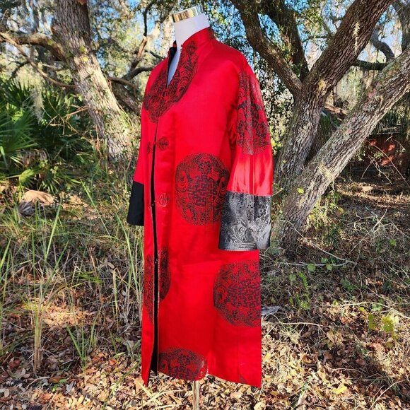 Rare VTG Reversible RED/BLACK Asian Oriental SILK? Kimono JACKET Chest 43' - Picture 13 of 15